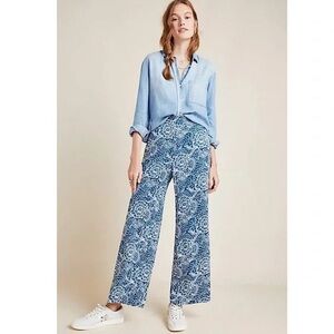 Anthropologie Maeve Anika Wide Leg Paisley Floral Blue White Print Pants